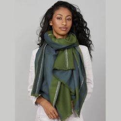 London - Foulard en jacquard de laine mérinos - Vert, bleu et blanc