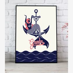 Print 8"x10"Gredin illustration Mermaid summer sea anchor nautical ocean artwork  white blue frame modern vintage poster home decor
