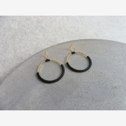 Black & Gold Hoop Earrings . Double Circle Earrings . Gold or Stainless Steel . Lightweight Earrings . Statement Textile Earrings
