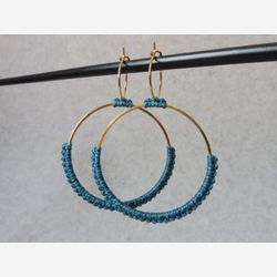 Big Hoops Earrings . Teal Fiber Earrings . Double Circle Round Earrings . Gold or Silver Stainless . Colorful Jewelry . Lightweight Earrings