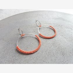 Double Hoops w/ Coral Fiber . Circle Earrings . Round Earrings . Gold or Stainless Steel. Lightweight Earrings . Statement Textile Earrings
