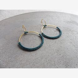 Emerald Fiber Hoop Earrings . Double Circle Earrings . Round Earrings . Gold or Stainless Steel. Lightweight Earrings . Statement Earrings