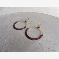Burgundy Fiber Hoops . Double Circle Earrings . Round Earrings . Gold or Stainless Steel. Lightweight Earrings . Statement Textile Earrings