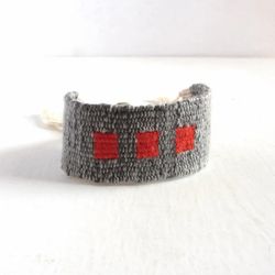 Three squares bracelet in grey and red / handwoven linen and cotton bracelet / textile bracelet / cuff bracelet / artisan jewelry