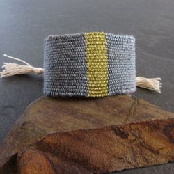 Extra wide handwoven cuff bracelet / linen and cotton bracelet / blue-grey and gold / handmade artisan jewelry