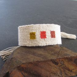 Three squares bracelet - warm tones / handwoven linen and cotton bracelet / textile bracelet / cuff bracelet / artisan jewelry