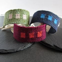 Three squares handwoven bracelet / linen and cotton bracelet / textile bracelet / cuff bracelet / magenta / indigo / spring green