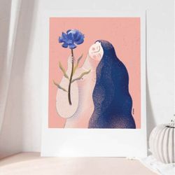 Printed poster with blue flower in format 8.5 x 11. Poster entitled Lucile