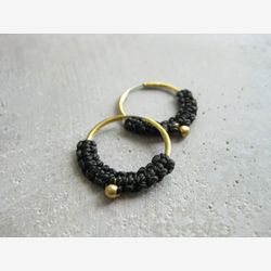 Small Brass Hoop Macrame Earrings. Black & Gold Textile Jewelry . Modern Fiber Minimalist Jewellery . Design by .. raïz ..