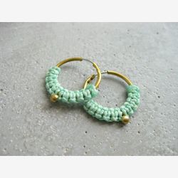 Small Brass Hoop Earrings w/ Fiber Detail in Turquoise . Micro Macrame Jewelry . Modern Textile Jewellery . Design by .. raïz ..