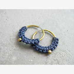 Small Brass Hoop Earrings . Blue Fiber Macrame Earrings . Micro Macrame . Modern Minimalist Textile Jewelry . Design by .. raïz ..