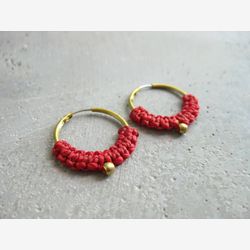 Red Hoop Earrings . Small Brass Hoops . Micro Macrame Jewelry . Modern Fiber Textile Jewelry . Design by .. raïz ..