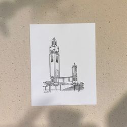 Clock Tower Beach / 5x7 or 8x10in / Illustration printed on recycled cardboard / Darvee's Montreal Icons / B+W Unisex Minimalist Art Print