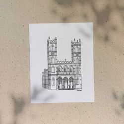 Montreal’s Notre-Dame Basilica / 5x7 or 8x10in / Illustration printed on recycled cardboard / Darvee's Montreal Icons / Minimalist Art Print