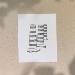 Road Barrels / 5x7 or 8x10in / Illustration printed on recycled cardboard / Darvee's Montreal Icons / B+W Unisex Minimalist Art Print