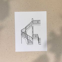 Plex Stairs / 5x7 or 8x10in / Illustration printed on recycled cardboard / Darvee's Montreal Icons / B+W Unisex Minimalist Art Print