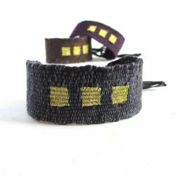 Three gold squares bracelet / handwoven linen and cotton bracelet / textile bracelet / cuff bracelet / grey / brown / aubergine