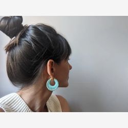 Turquoise Fiber Hoop Earrings . Brass Crescent Disc Earrings . Woven Thick Hoops . Modern Macramé Textile Jewellery . Design by .. raïz ..