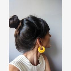 Yellow Hoop Earrings . Sun Earrings . Woven Brass Hoops . Fiber Crescent Earrings . Macramé Statement Jewelry . Design by .. raïz ..