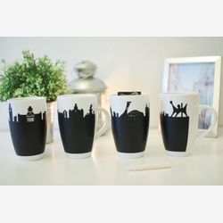 4 chalk mugs cups Montreal famous places tourists travel mount royal olympic stadium expo 67 old port hochelaga hand painted customiz