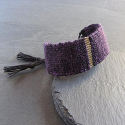 Handwoven linen cotton silk bracelet / textile bracelet / cuff bracelet / loom woven bracelet / fiber jewelry / purple black gold bronze