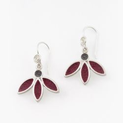 Silver earrings red and grey flowers