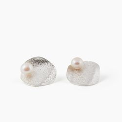 Large silver earrings with pink pearl texture
