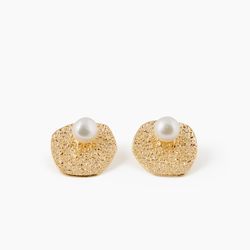 earrings, white pearl textured gold earrings