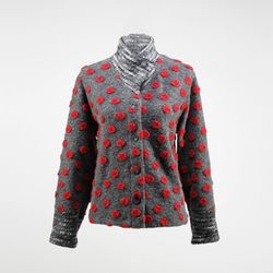 Women's short jacket in grey jacquard wool with red polka dots