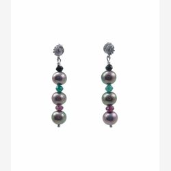 Boucles d'oreilles - perles noires, spinel noire, grenat et quartz