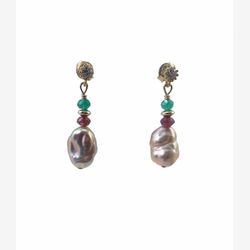 Boucles d'oreilles - perles bronzes, grenat et quartz