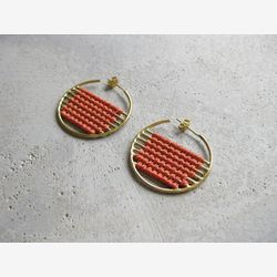 Woven Brass Circle Earrings . Statement Hoops . Geometric Earrings . Terracotta . Textile Jewelry . Fiber Jewellery . Design by .. raïz ..