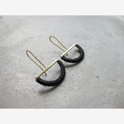 Brass Half-Moon Dangle Earrings . Modern Macrame Textile Jewelry . Semicircle Geometric Jewellery . Gold Threader Fiber Earrings
