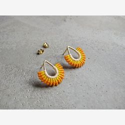 Sun Earrings . Gold Teardrop Stud Earrings . Mustard Yellow Earrings . Micro Macrame Jewelry . Fiber Jewelry Textile . Design by .. raïz ..