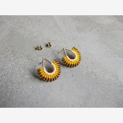 Gold Sun Earrings . Teardrop Stud Earrings . Yellow Fall Earrings . Micro Macrame Jewelry . Fiber Jewelry Textile . Design by .. raïz ..