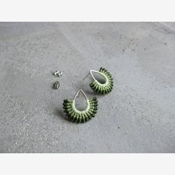 Small Fiber Earrings . Green Earrings Silver Macrame . Fan Stud Earrings . Teardrop Studs . Textile Jewellery . Design by .. raïz ..