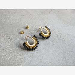 Textile Earrings . Fan shaped Teardrop Studs . Gold plated . Micro Macrame Jewelry . Fiber Jewelry . Design by .. raïz ..