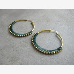 Statement Brass Hoop Earrings . Emerald Green . Fiber Jewelry . Big Hoop Earrings . Textile Jewellery . Gypsy Boho Hoops . Colorful Jewelry