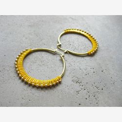 Brass Hoop Earrings Yellow . Beaded Fiber Jewelry . Big Hoop Earrings . Textile Jewellery . Gypsy Boho Hoops . Colorful Jewelry
