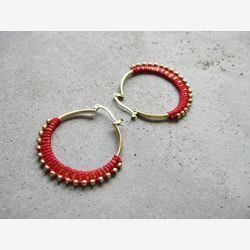 Red Hoop Earrings . Brass Beaded Hoops . Fiber Textile Jewellery . Gypsy Boho Hoops Macrame Jewelry . Gold Hoops . Design by .. raïz ..