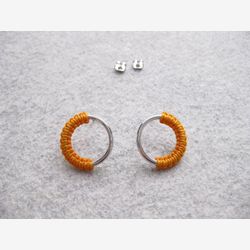 Circle Silver Hoop Stud Earrings . Modern Fiber Jewelry . Minimalist Geometric Macramé . Mustard Yellow . Design by .. raïz ..