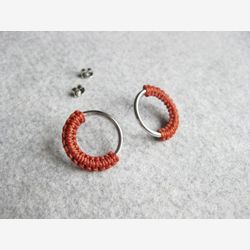 Circle Silver Hoop Stud Earrings . Modern Fiber Jewelry . Terracotta . Round Minimalist Geometric Macramé . Design by .. raïz ..