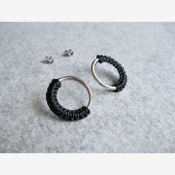 Round Silver Stud Hoop Earrings . Modern Fiber Jewelry . Circle Minimalist Geometric Macramé . Design by .. raïz ..