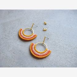 Yellow Earrings Textile Hoops . Gold Filled 16ct .  Fiber Earrings . Semi Circle . Macrame Earrings . Design by .. raïz ..