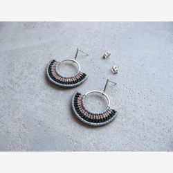 Modern Macrame Hoop Earrings . Disc Earrings . Textile Earrings .  Fiber Earrings Handwoven . Semicircle . Crescent . Design by .. raïz ..