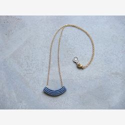 Small Macrame Necklace in Blue . Gold Brass Chain . Modern Textile Jewelry . Fiber Minimalist . Crescent Necklace . Design by .. raïz ..