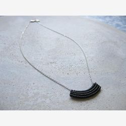 Minimalist Macrame Necklace in Black . Silver Chain . Modern Textile Jewelry . Fiber Metal . Crescent Necklace . Design by .. raïz ..