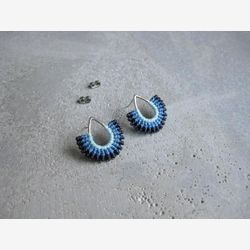 Blue Teardrop Stud Earrings . Silver Fan Shaped Earrings . Fiber Textile Jewelry . Micro Macrame Jewellery . Design by .. raïz ..