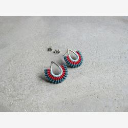Teardrop Silver Stud Earrings . Rhodium . Micro Macrame . Fiber Textile Jewelry . Red Blue . Geometric Fan Earrings . Design by .. raïz ..