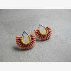 Teardrop Stud Earrings . Silver . Colorful Textile Jewelry . Fiber Micro Macrame . Geometric Fan Earrings . Design by .. raïz ..